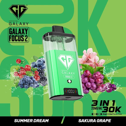 Crystal Galaxy Focus 2 prefilled vape pod with 30,000 puffs, 3-in-1 flavor modes, and sleek green design.