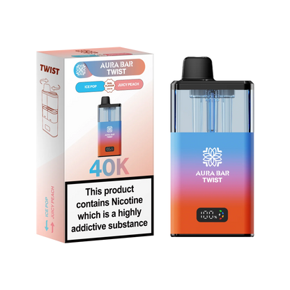 Aura Bar 40K Vape Kit with dual-flavour twist design, 850mAh rechargeable battery, LED display, and 40,000 puffs per pod.
