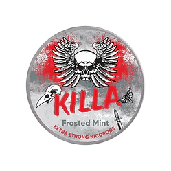 Killa Nicopods Frosted Mint tobacco-free nicotine pouches with skull logo and wing design in silver and red can