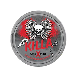 Killa Nicopods Cold X Mint nicotine pouches canister with skull and wings logo design