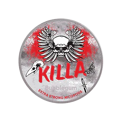 Killa Nicopods extra strong bubblegum flavored white nicotine pouches canister with skull and wings logo