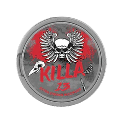 Killa Nicopods tobacco-free nicotine pouches with skull and wings design on gray and red canister