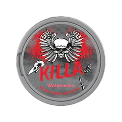 Killa Nicopods watermelon nicotine pouches tin with skull and wings design, slim, tobacco-free, 20 pouches per pack
