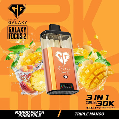Crystal Galaxy Focus 2 30K prefilled vape pod with mango, peach, pineapple flavor and triple mango options.