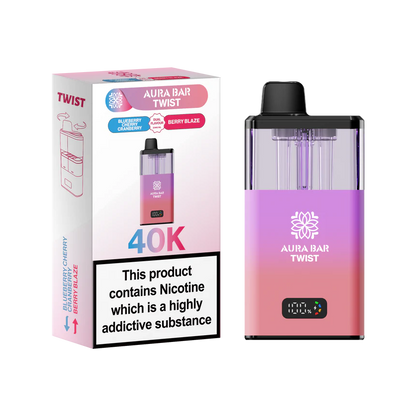 Aura Bar 40K Vape Kit with dual-flavour twist design, LED display, and 40,000 puffs capacity, featuring Blueberry Cherry Cranberry and Berry Blaze flavors.