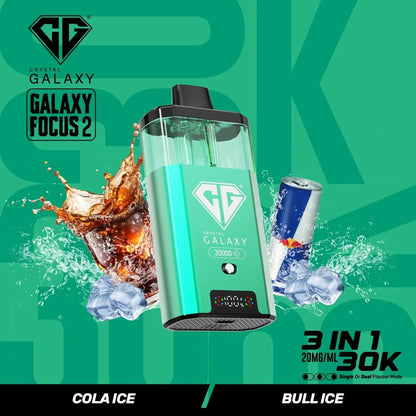 Crystal Galaxy Focus 2 30K prefilled vape pod with 30,000 puffs, 20mg/ml nicotine, and 3-in-1 flavor modes including Cola Ice and Bull Ice.
