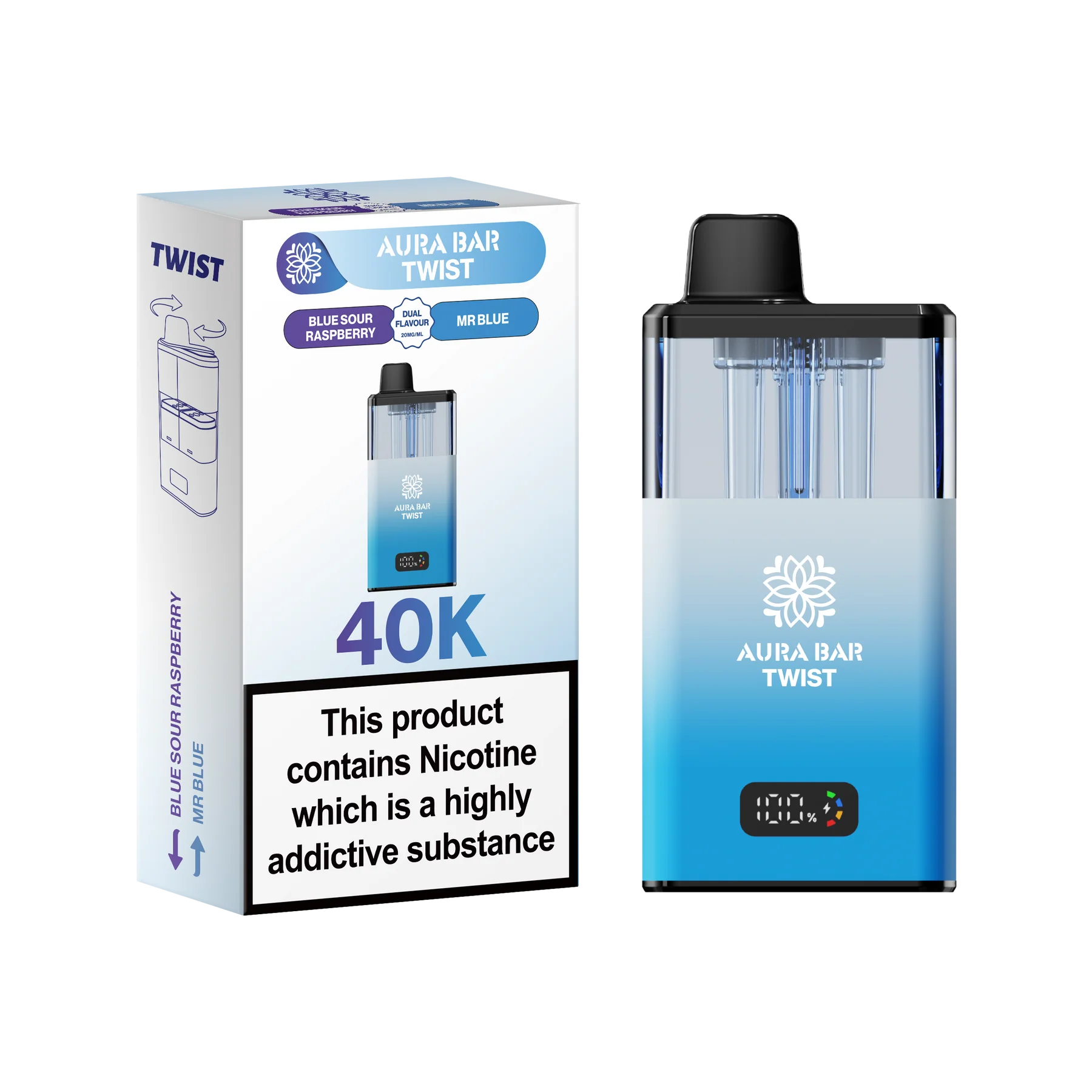 Aura Bar 40K Vape Kit with dual-flavour twist design, LED display, and rechargeable 850mAh battery in blue gradient finish.