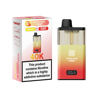 Aura Bar 40K Vape Kit with dual-flavour twist, LED display, 850mAh rechargeable battery, and prefilled pods for up to 40,000 puffs.
