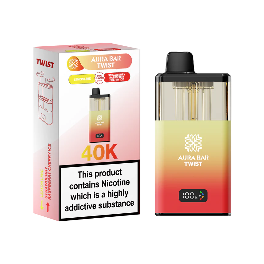 Aura Bar 40K Vape Kit with dual-flavour twist, LED display, 850mAh rechargeable battery, and prefilled pods for up to 40,000 puffs.