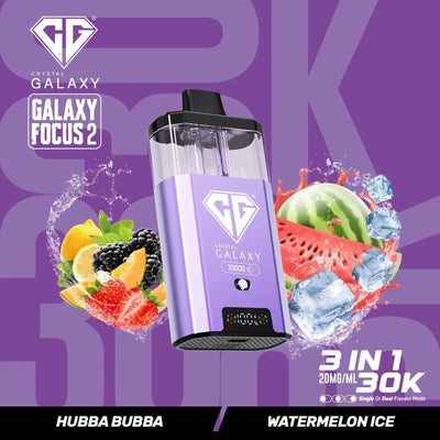 Crystal Galaxy Focus 2 30K prefilled vape pod with 3-in-1 20mg nicotine salt, featuring Hubba Bubba and Watermelon Ice flavors.