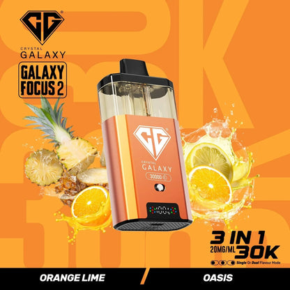 Crystal Galaxy Focus 2 30K prefilled vape pod in orange lime flavor with 30,000 puffs capacity and 20mg/ml nicotine strength.