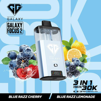 Crystal Galaxy Focus 2 prefilled vape pod with blue razz cherry and blue razz lemonade flavors on blue background