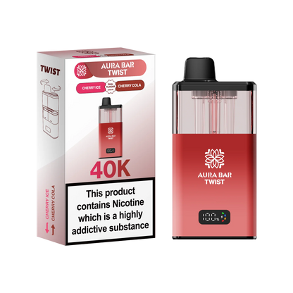 Aura Bar 40K Vape Kit with dual-flavour twist design and LED display, 850mAh rechargeable battery, 40,000 puffs, cherry ice and cherry cola flavors.
