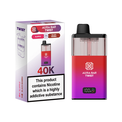 Aura Bar Twist 40K Vape Kit with dual-flavour twist mechanism, LED display, 850mAh rechargeable battery, up to 40,000 puffs, 5-pack prefilled pods.
