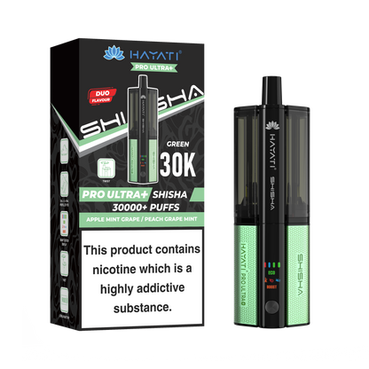 Green and Black Vape device with packaging displaying 'HAYATI' branding on a white background.