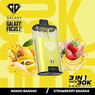 Crystal Galaxy Focus 2 30K prefilled pod vape with mango banana and strawberry banana flavors, 30,000 puffs capacity, and 20mg/ml nicotine strength.