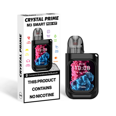 CRYSTAL PRIME M3 smart refillable pod vape kit with touchscreen, Bluetooth, call and music features, 2ml capacity, black compact design, no nicotine.