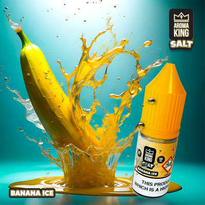 Aroma King Nic Salts Banana Ice 10ml e-liquid bottle with banana splash and 20mg nicotine strength in a pack of 10.