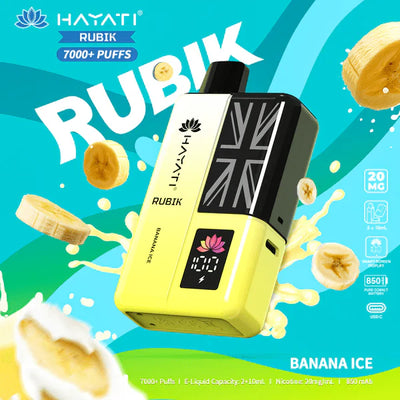 Hayati Pro Ultra+ 7000+ puffs reusable vape kit with single flavor Banana Ice system and smart battery display