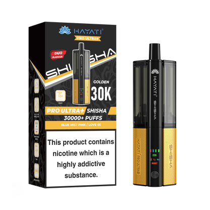 Golden and Black Vape device with packaging displaying 'HAYATI' branding on a white background.