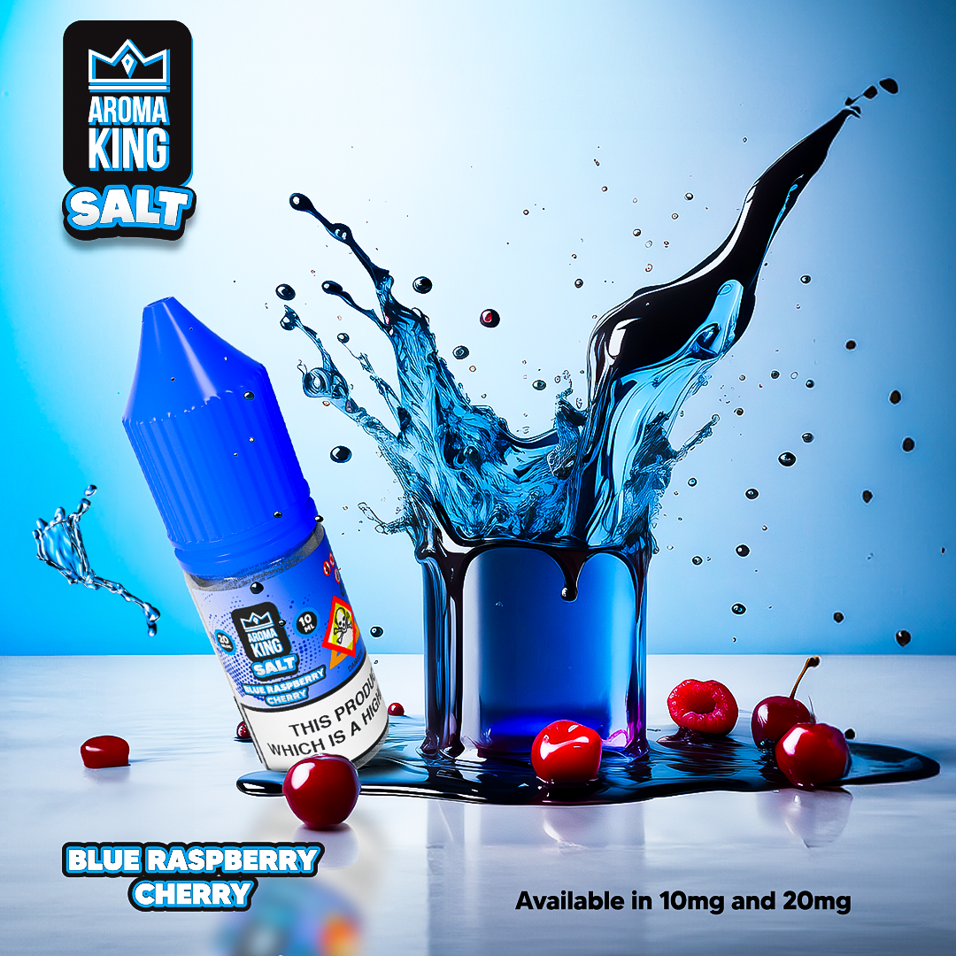 Aroma King Nic Salts Blue Raspberry Cherry 10ml e-liquid bottle with blue liquid splash and fresh cherries, nicotine salt vape juice.