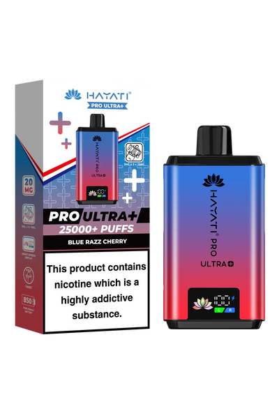 Hayati Pro Ultra+ 25000 vape kit in blue razz cherry with smart battery display and dual flavor system, pack of 5