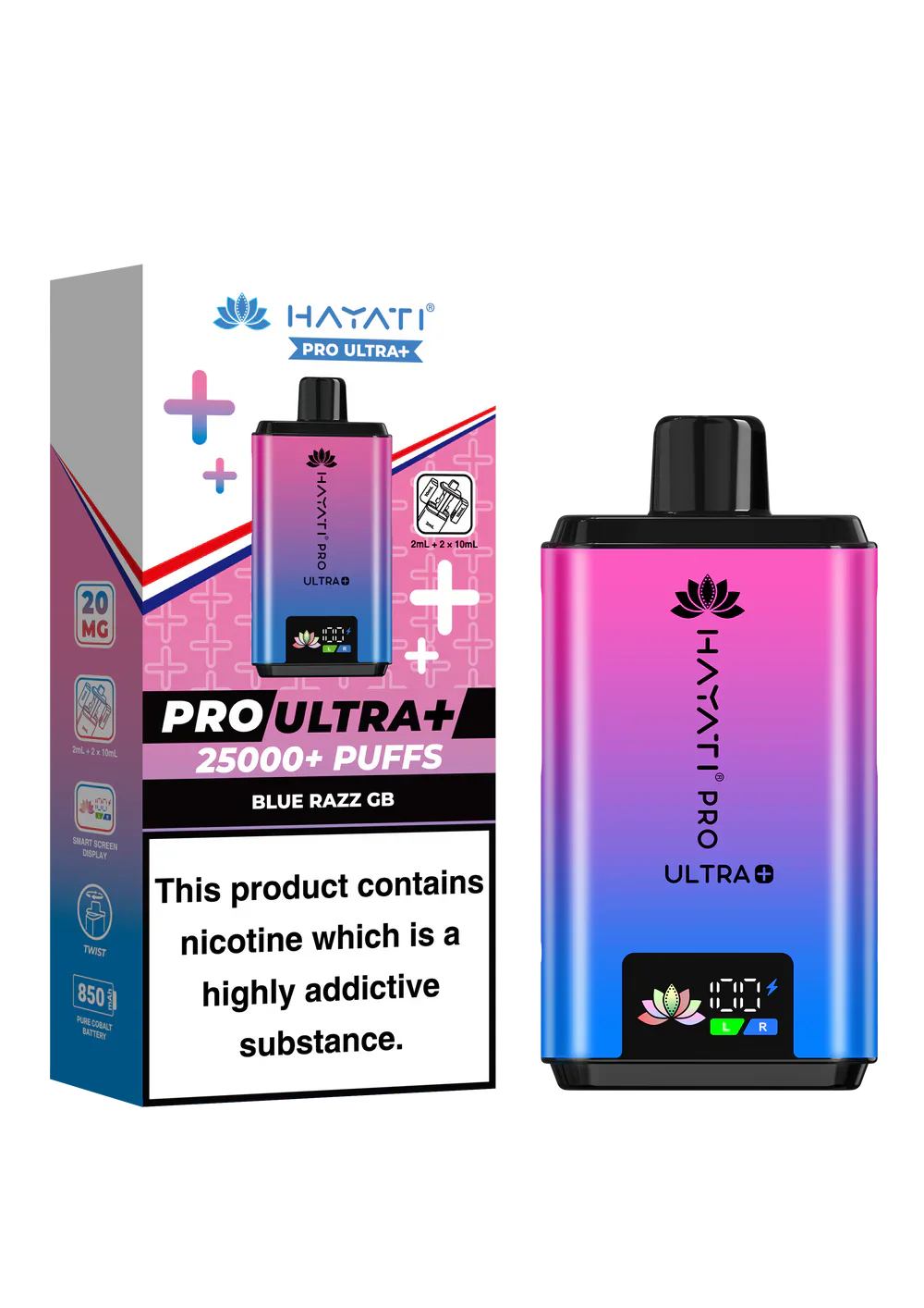 Hayati Pro Ultra+ 25000+ puffs vape kit with dual flavors, smart display, and rechargeable pod device in pink and blue gradient.