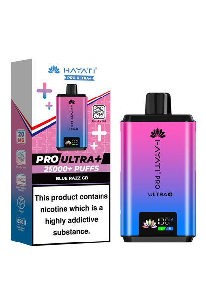 Hayati Pro Ultra+ 25000+ puffs vape kit with dual flavors, smart display, and rechargeable pod device in pink and blue gradient.