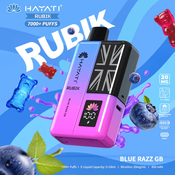 Hayati Rubik vape device with blue and purple design on a colorful background