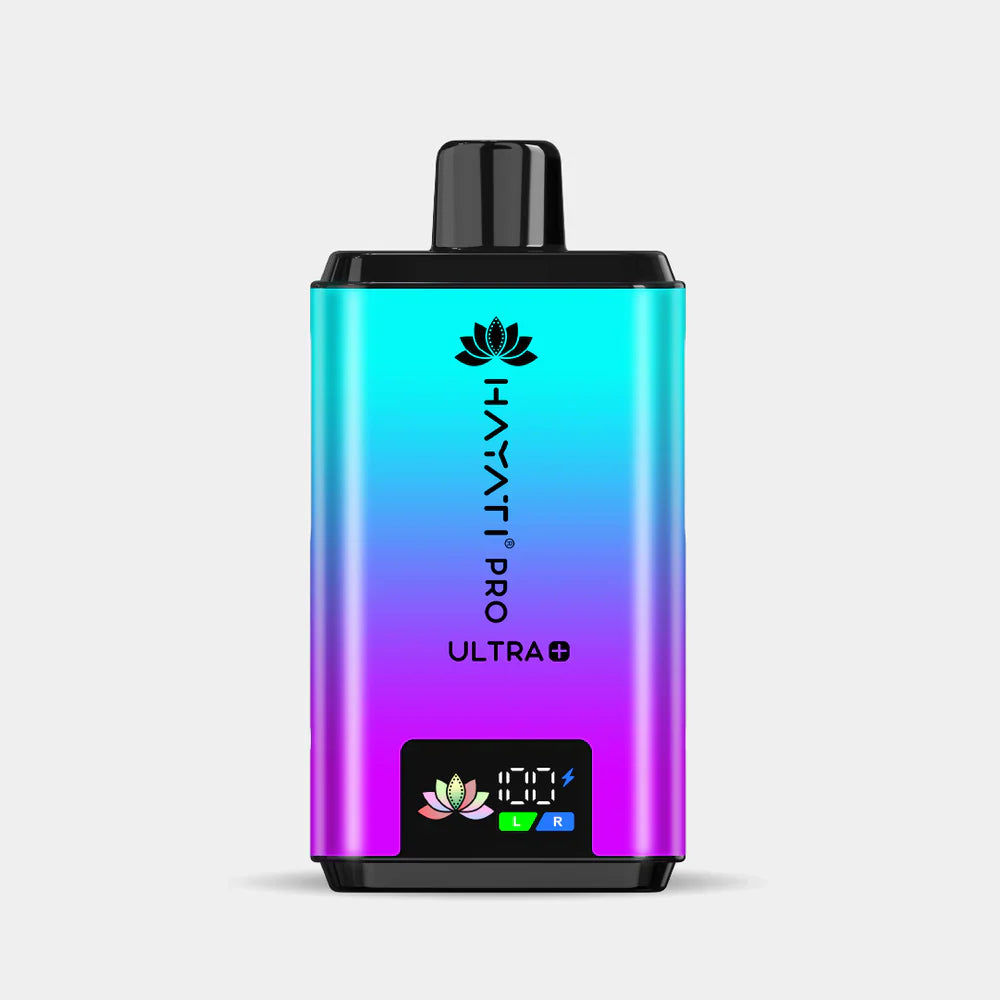 Hayati Pro Ultra+ reusable vape device in gradient blue and purple with smart battery display and black mouthpiece