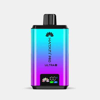 Hayati Pro Ultra+ reusable vape device in gradient blue and purple with smart battery display and black mouthpiece