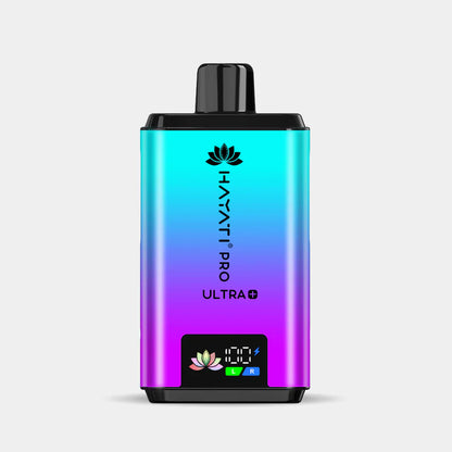Hayati Pro Ultra+ reusable vape device in gradient blue and purple with smart battery display and black mouthpiece