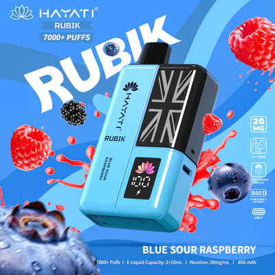 Hayati Rubik vape device with blue sour raspberry flavor on a colorful background