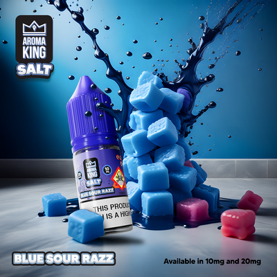 Aroma King Nic Salts Blue Sour Razz 10ml bottle with blue and pink candy cubes and splash background, nicotine salt e-liquid in 20mg strength, pack of 10.