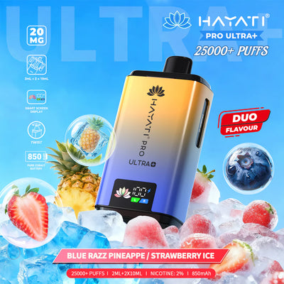 Hayati Pro Ultra+ vape device with fruit graphics and product details on a blue background