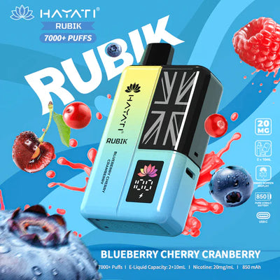 Hayati Rubik vape device with blueberry, cherry, and cranberry graphics on a blue background