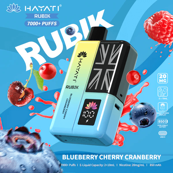 Hayati Pro Ultra+ 7000+ puffs reusable vape kit with single flavor blueberry cherry cranberry system and smart battery display