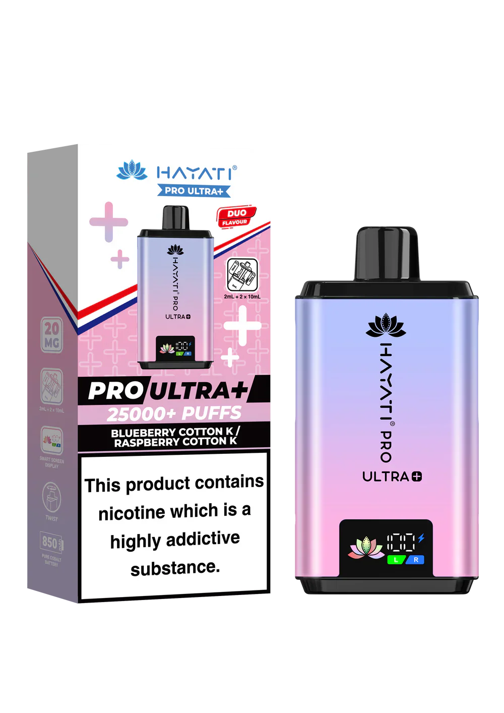 Hayati Pro Ultra+ reusable vape kit with 25000+ puffs, dual flavor system, smart battery display, and ban-proof certification, pack of 5.