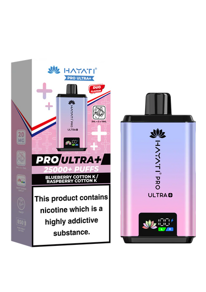 Hayati Pro Ultra+ reusable vape kit with 25000+ puffs, dual flavor system, smart battery display, and ban-proof certification, pack of 5.