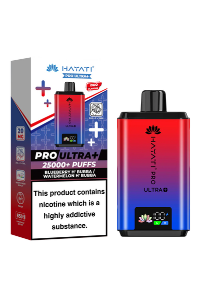 Hayati Pro Ultra+ 25000+ puffs reusable vape kit with duo flavor system and smart battery display in red and blue gradient design.