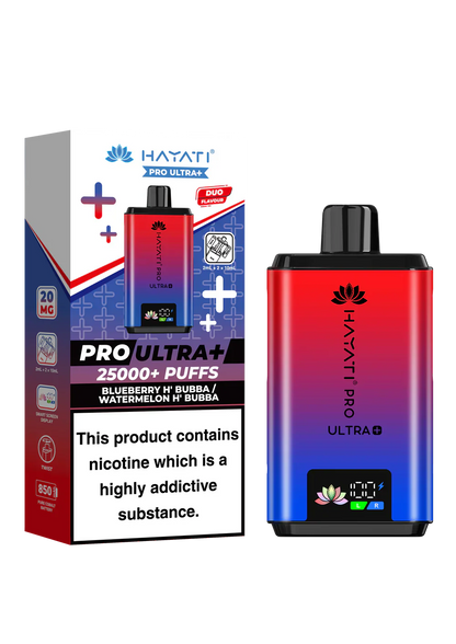 Hayati Pro Ultra+ 25000+ puffs reusable vape kit with duo flavor system and smart battery display in red and blue gradient design.