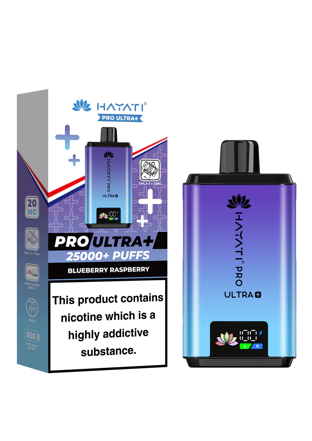 Hayati Pro Ultra+ reusable vape device in blueberry raspberry flavor with 25000+ puffs and smart battery display