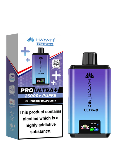 Hayati Pro Ultra+ reusable vape device in blueberry raspberry flavor with 25000+ puffs and smart battery display