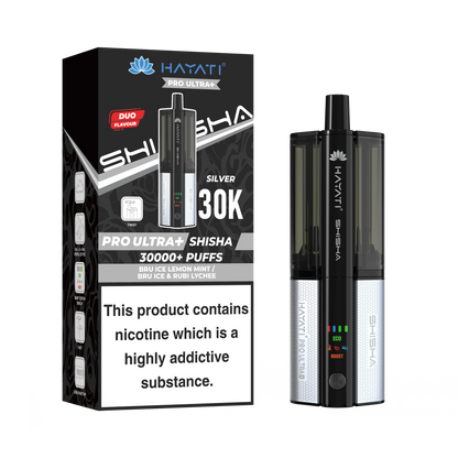 Silver and Black Vape device with packaging displaying 'HAYATI' branding on a white background.