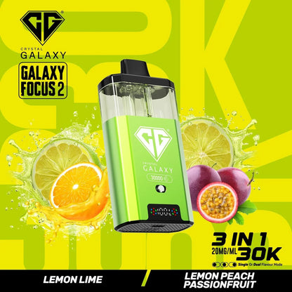 Crystal Galaxy Focus 2 30K prefilled vape pod with lemon lime, lemon peach, and passionfruit flavors on green background