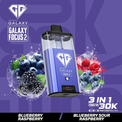 Crystal Galaxy Focus 2 vape pod with 30,000 puffs, 20mg/ml nicotine, and blueberry raspberry flavor.