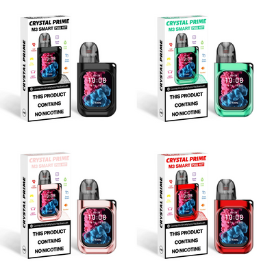 CRYSTAL PRIME M3 smart refillable pod vape kit in black, green, pink, and red with touchscreen display and Bluetooth connectivity