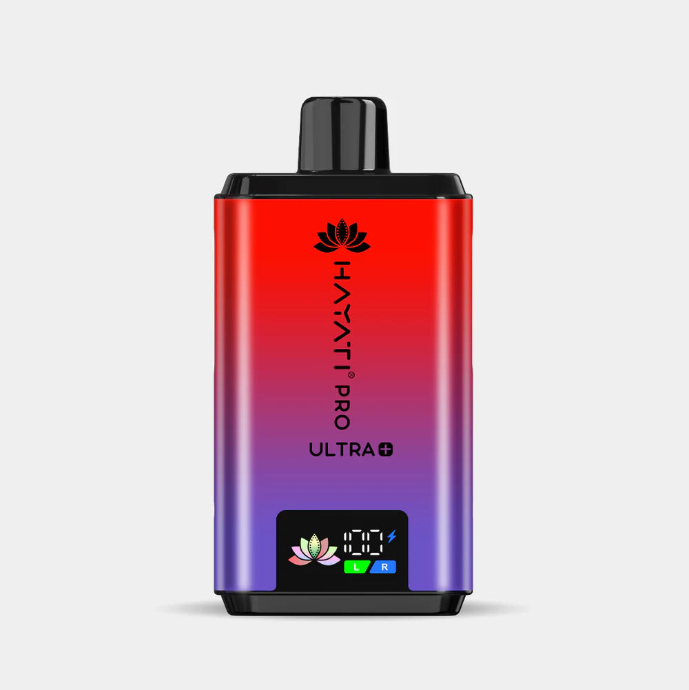 Hayati Pro Ultra+ reusable vape device with dual-color gradient, smart battery display, and compact design.