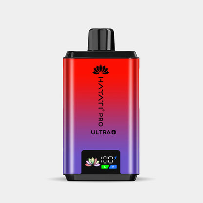Hayati Pro Ultra+ reusable vape device with dual-color gradient, smart battery display, and compact design.