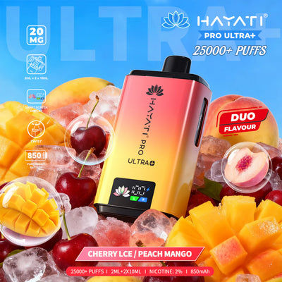 Hayati Pro Ultra+ vape device with fruit-themed design and product details.